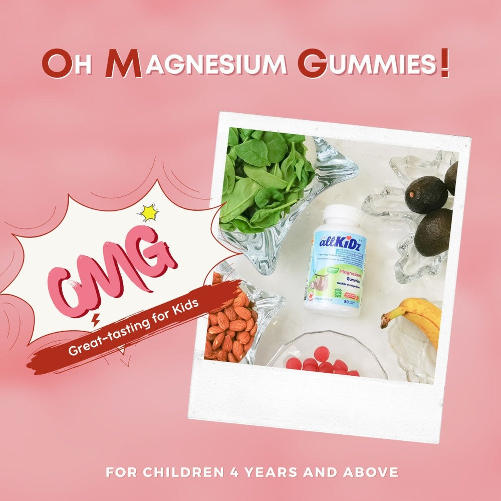 ALLKIDZ Magnesium Gummies 80s bottle with fresh greens and fruit, kid-friendly supplement.