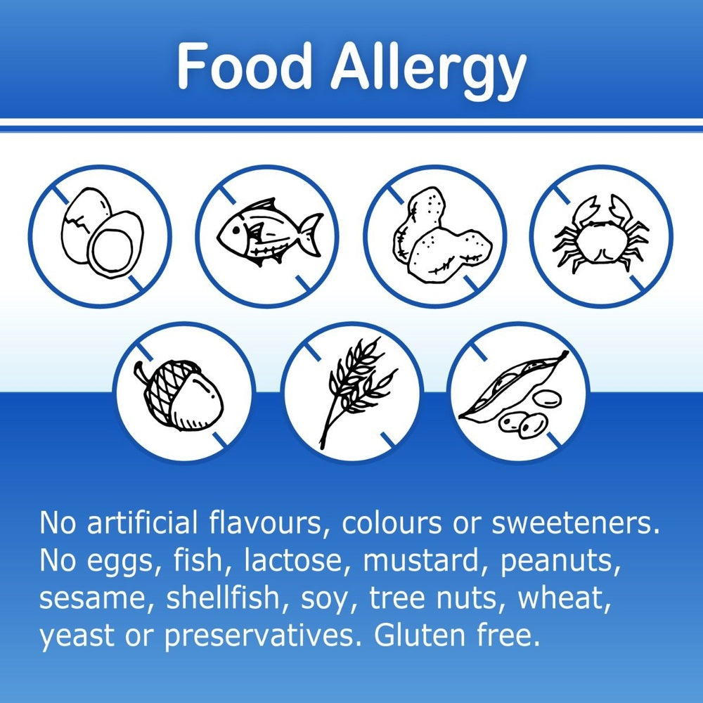 Allkidz Probiotic Gummies 80S; allergen-free icons for egg, fish, peanut, shellfish and gluten-free.