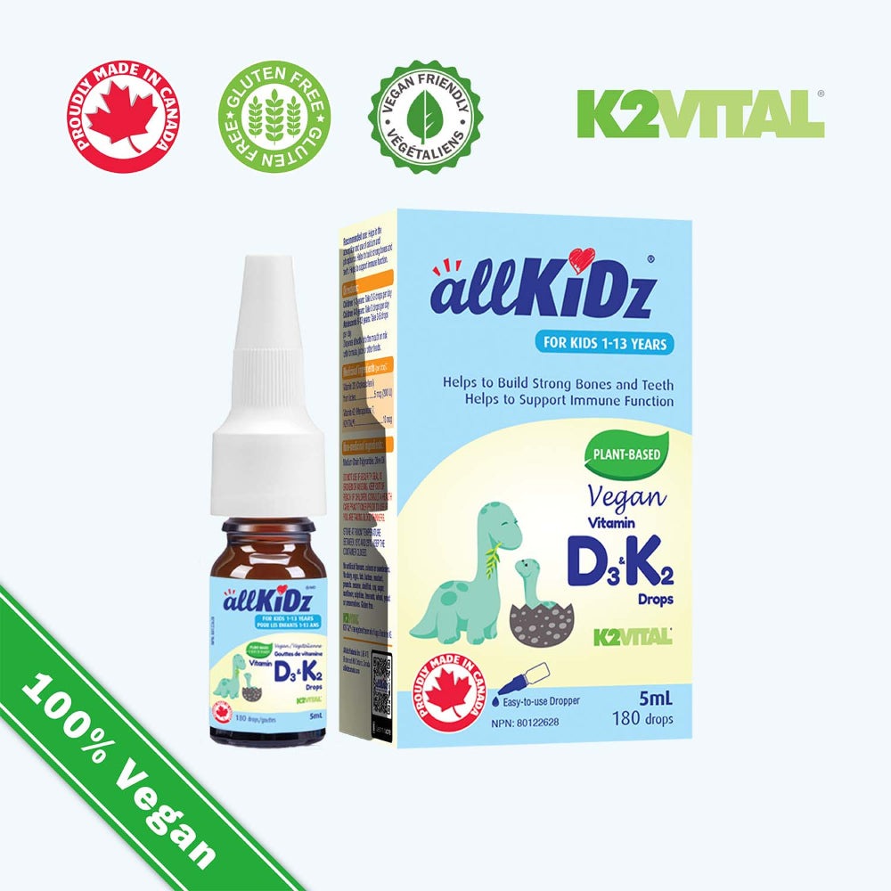 AllKidz vegan D3K2 drops bottle and box, 5 ml, 180 drops, plant-based vitamin supplement