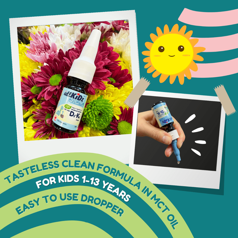 Allkidz Vegan Vitamin D3 & K2 Drops 5 ml bottle shown beside bright flowers as a hand uses the dropper.