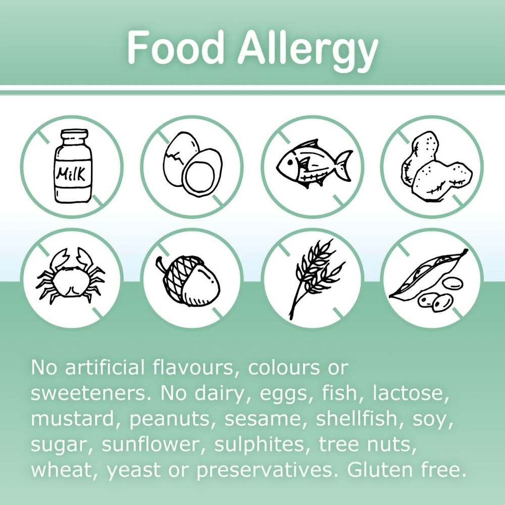 AllKidz Vegan Vitamin D3 & K2 Drops 5 ml: allergy-friendly banner with no dairy, eggs, fish, gluten icons.