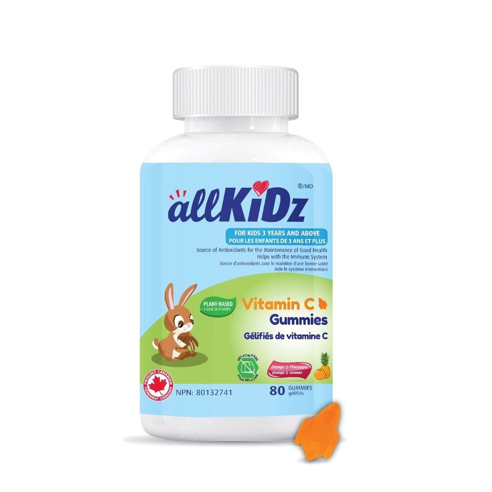 AllKidz Vitamin C Gummies bottle, orange-flavored health supplement, 80 gummies