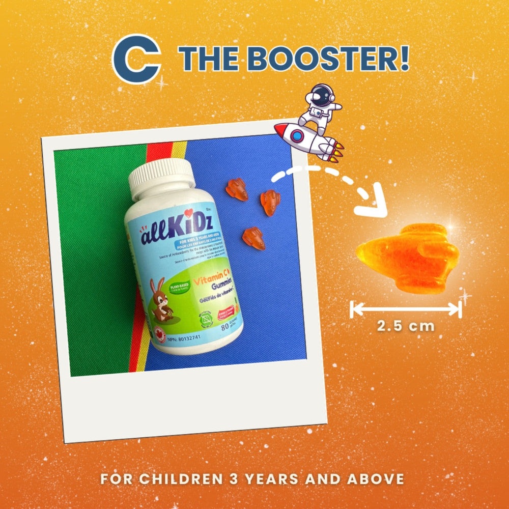 Allkidz Vitamin C Gummies 80-count bottle for kids 3+, orange space-themed background with rocket graphic