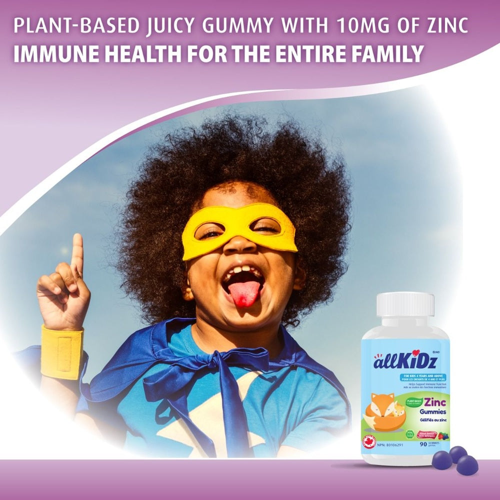 Allkidz Zinc Gummies 90-count bottle with a joyful child wearing a yellow superhero mask