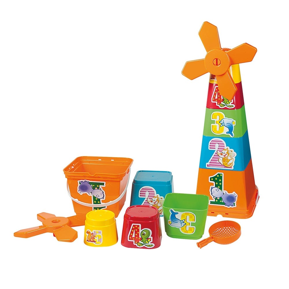 Androni Giocattoli Stack On Art beach toy set with a tall rainbow stacking tower, buckets and scoop