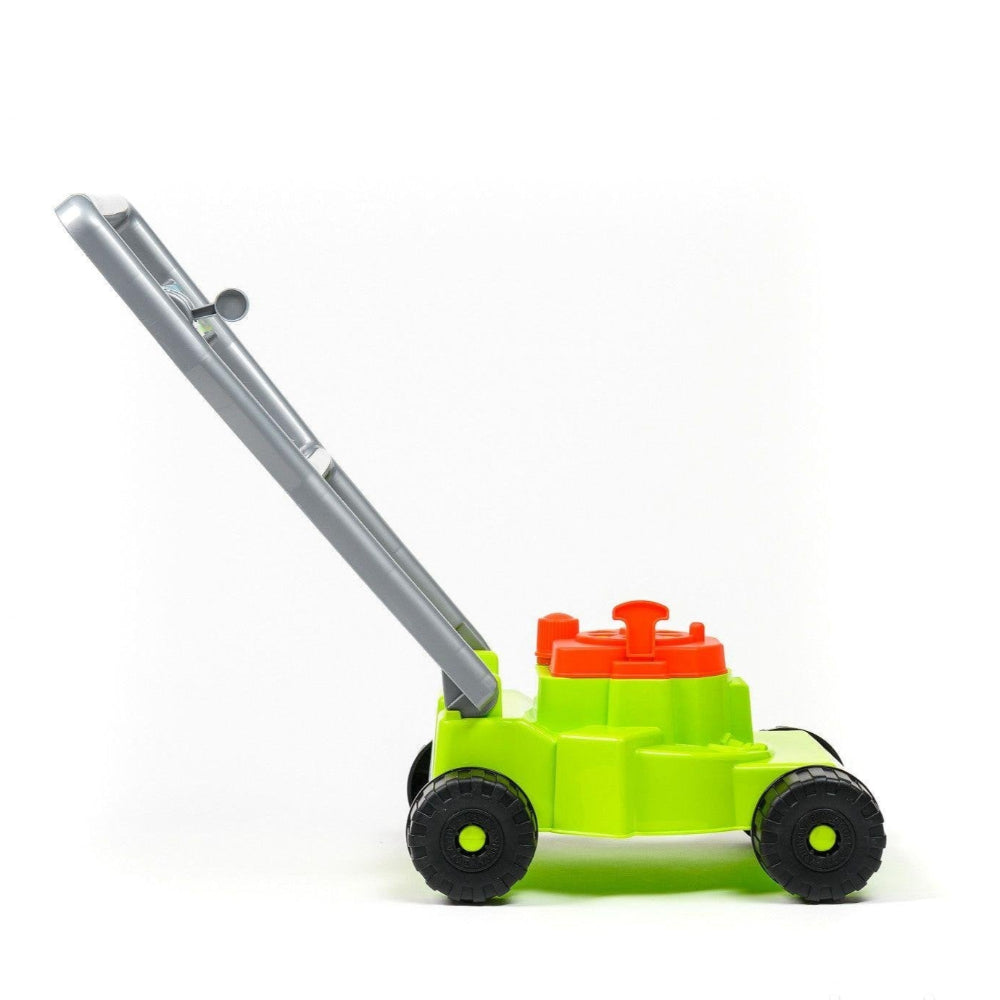 Androni Giocattoli deluxe green garden lawnmower toy with gray handle and orange knobs