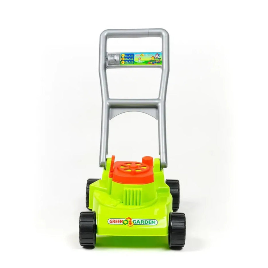 Androni Giocattoli Deluxe Green Garden lawnmower toy, bright lime body with orange vent, black wheels, silver handle