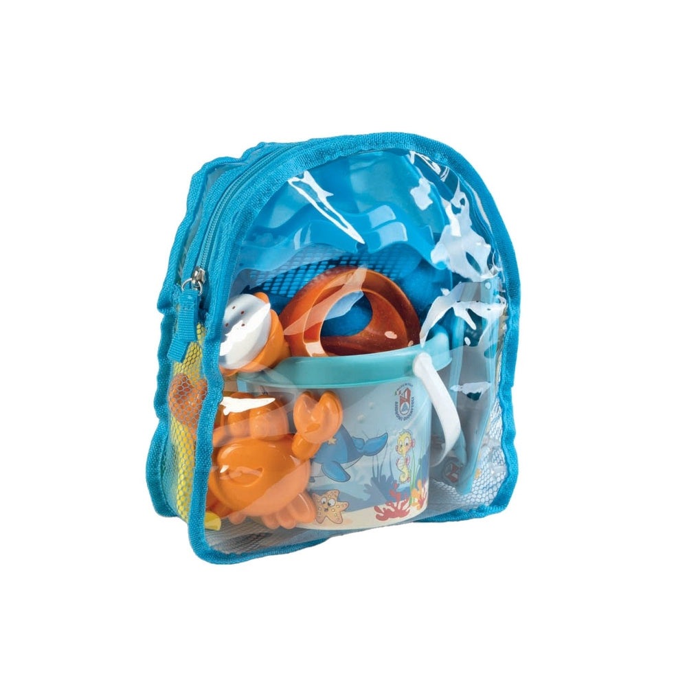 Androni Giocattoli floaties fish beach set with backpack; blue mesh bag contains orange swim toys and bucket