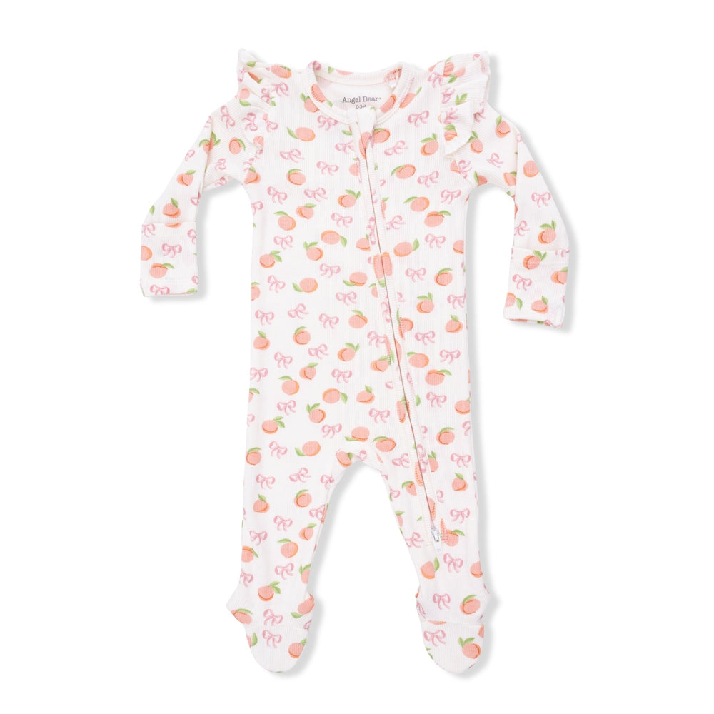 Angel Dear Little Peaches 2 Way Ruffle Sleeve Zipper Footie print detail view
