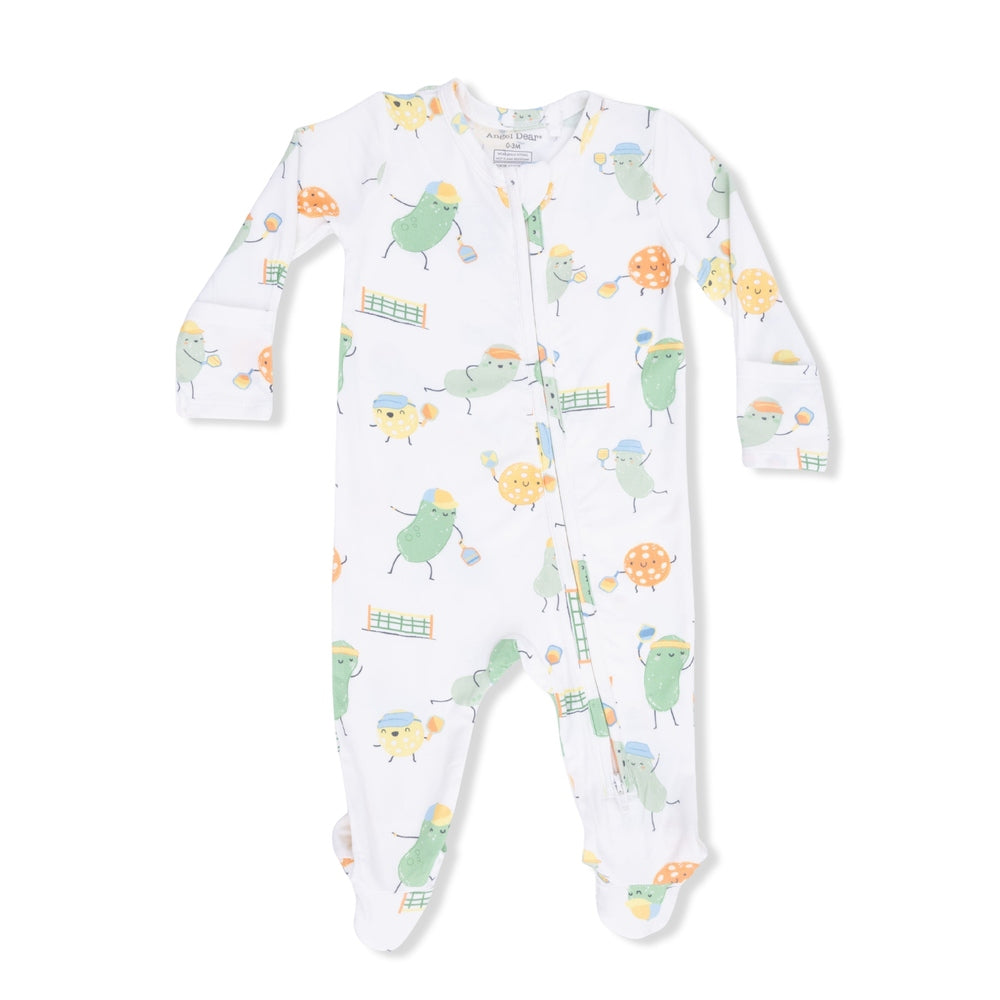 Angel Dear Pickles Playing Pickleball 2 Way Zipper Footie print detail view