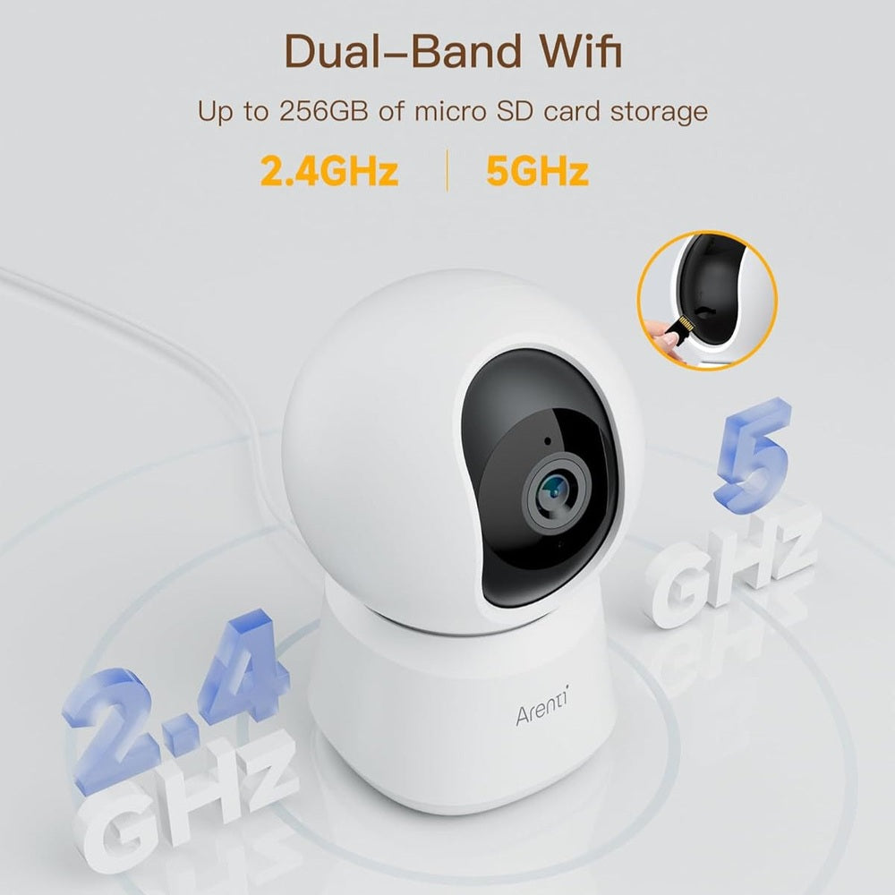 ARENTI 3K/5MP indoor security camera, white spherical design with dual-band 2.4GHz/5GHz.