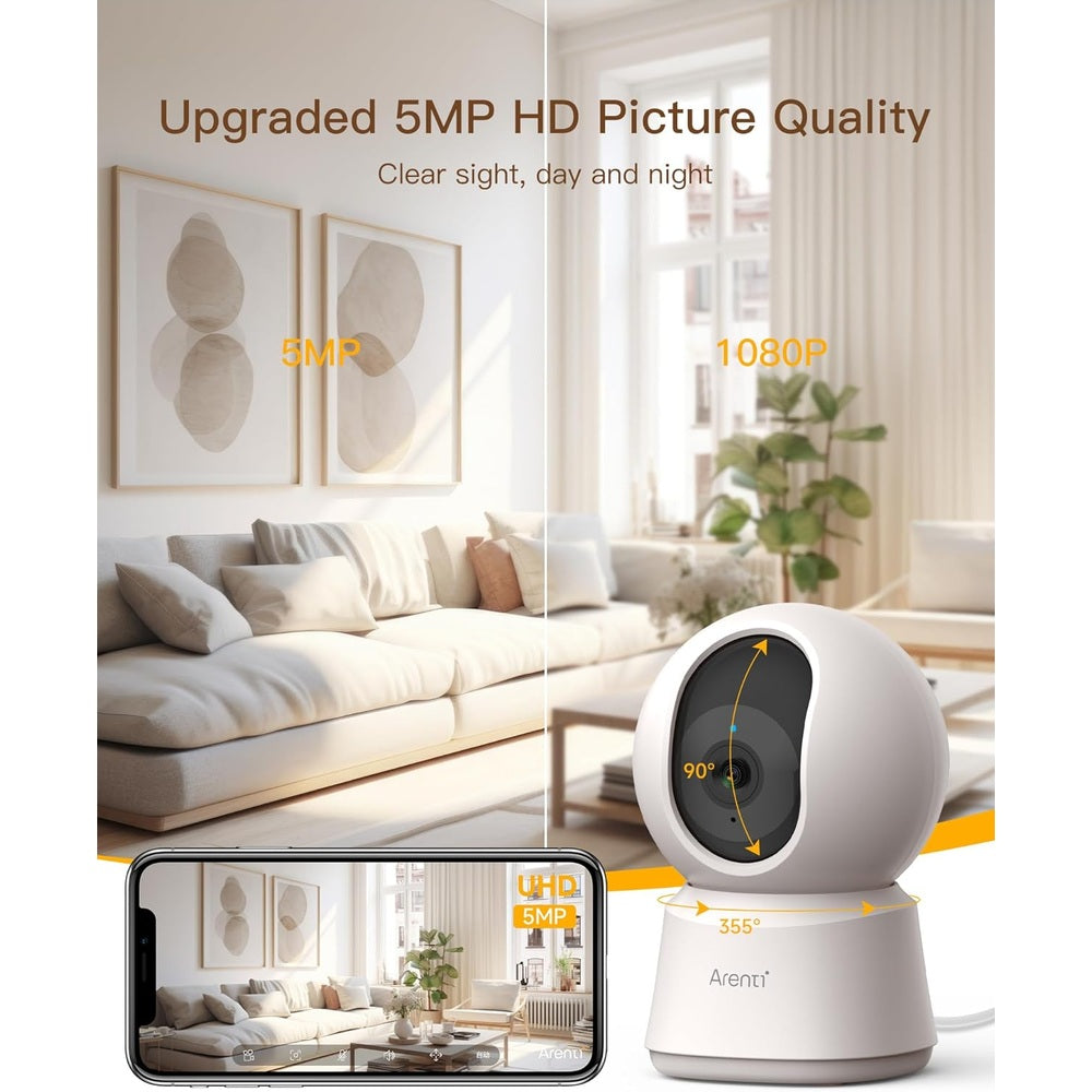 Arenti indoor security camera dome, 3K/5MP, 355° pan, 90° tilt