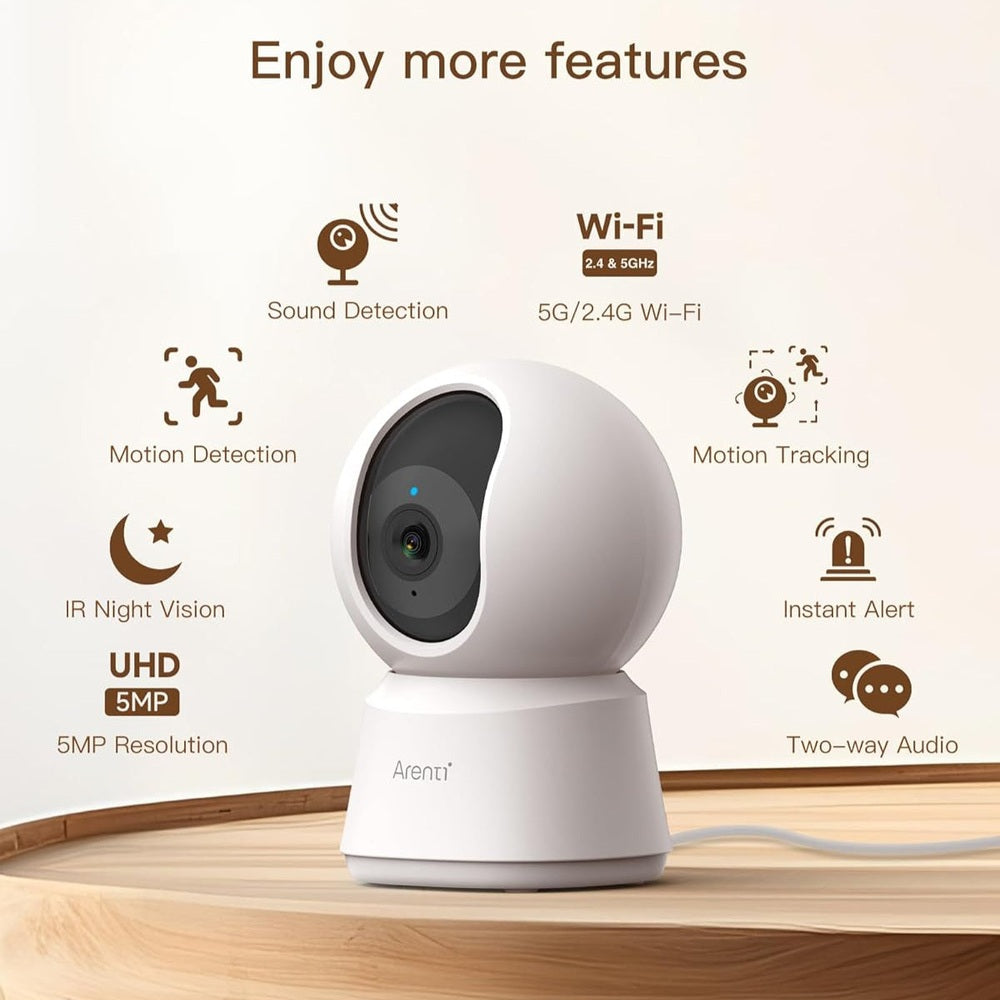 Arenti indoor security camera, 3K/5MP, motion detection, IR night vision, two-way audio