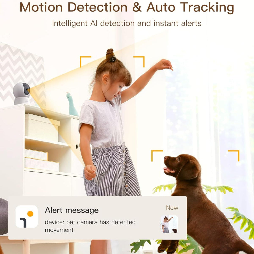 ARENTI 3K/5MP Indoor Security Camera in bright living room; girl playing with brown dog