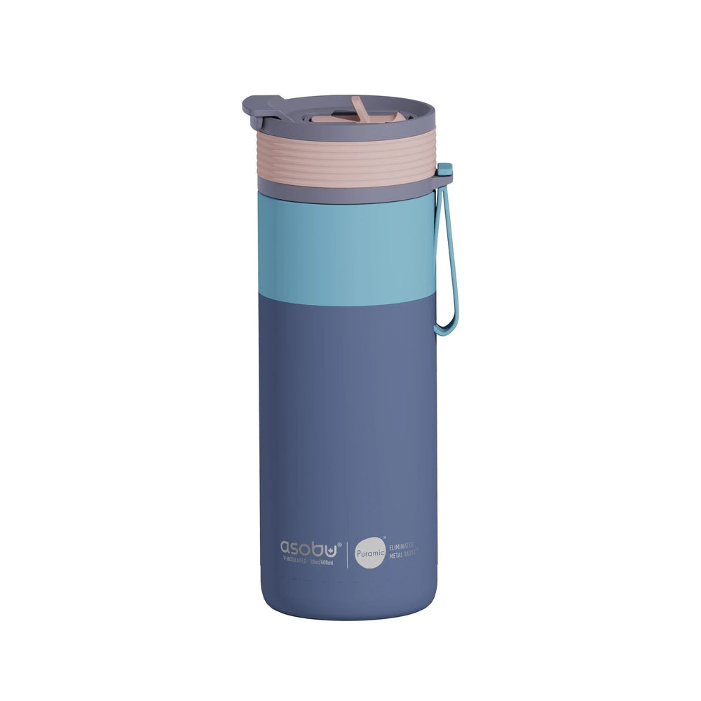 Asobu Aspen Water Bottle 20oz Pastel Blue with pink band and carry handle, standing upright for easy hydration.