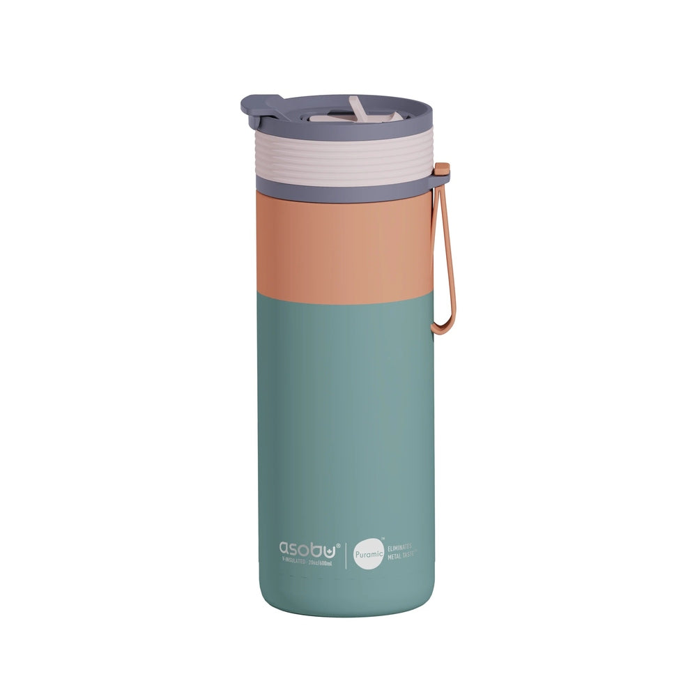 ASOBU Aspen Water Bottle 20oz Pastel Green with peach band and gray lid, carried by its detachable strap.
