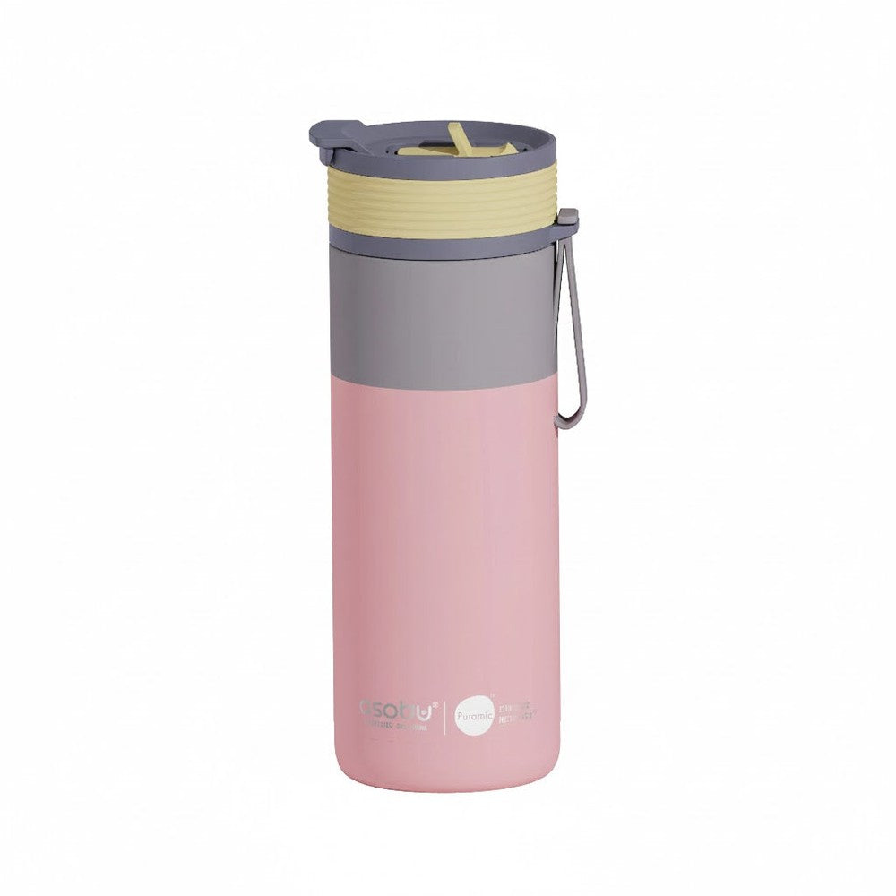 Asobu Aspen Water Bottle 20oz Pastel Peach with gray lid and carry loop for on-the-go use.