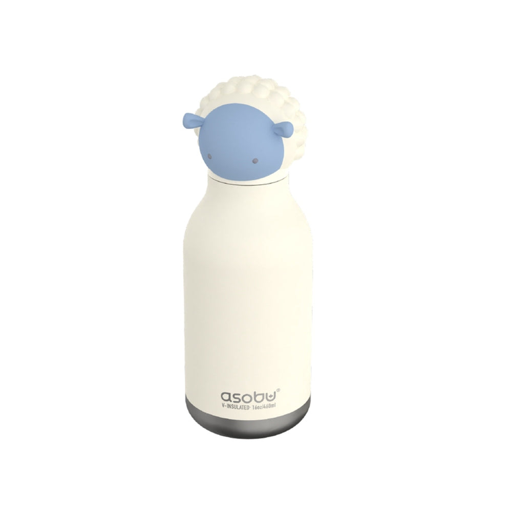 ASOBU Bestie Animal 16oz Sheep bottle, cream body with blue sheep head cap, shown upright
