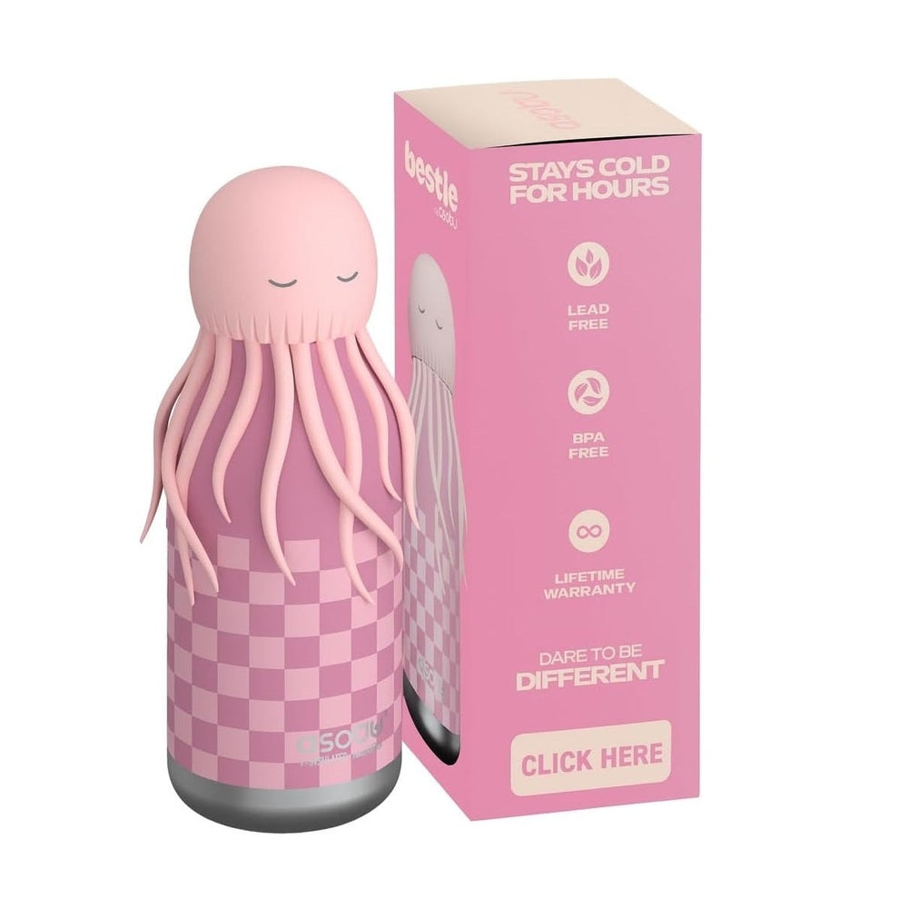 Pink octopus-shaped bottle with checkered pattern and matching pink packaging on a white background