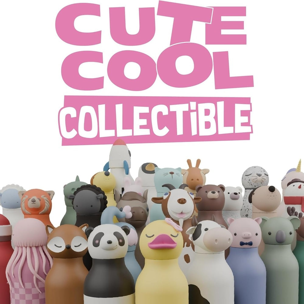 Asobu Bestie Animal Double Wall Stainless Steel Bottle 16oz Cow among a crowd of colorful collectible animal bottles