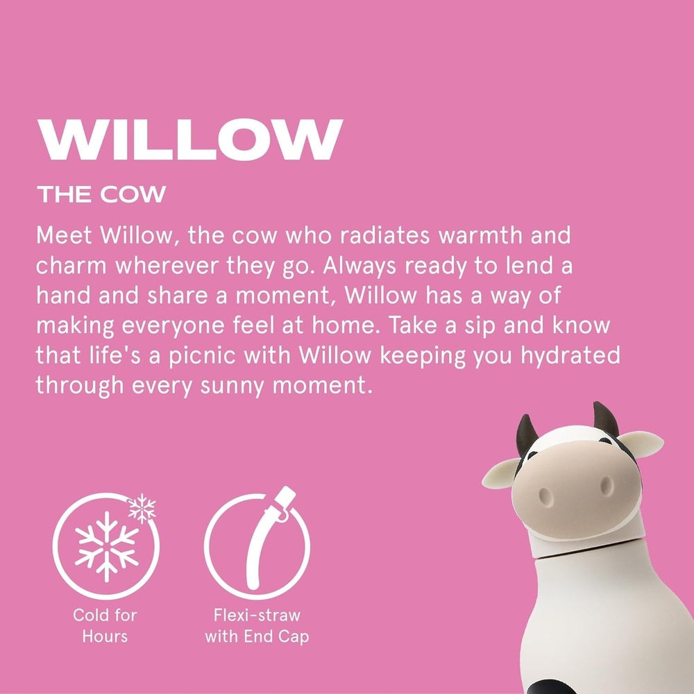 ASOBU Bestie Animal Cow 16oz double-wall stainless steel bottle on pink background, features cold-for-hours and flexi-straw with end cap.