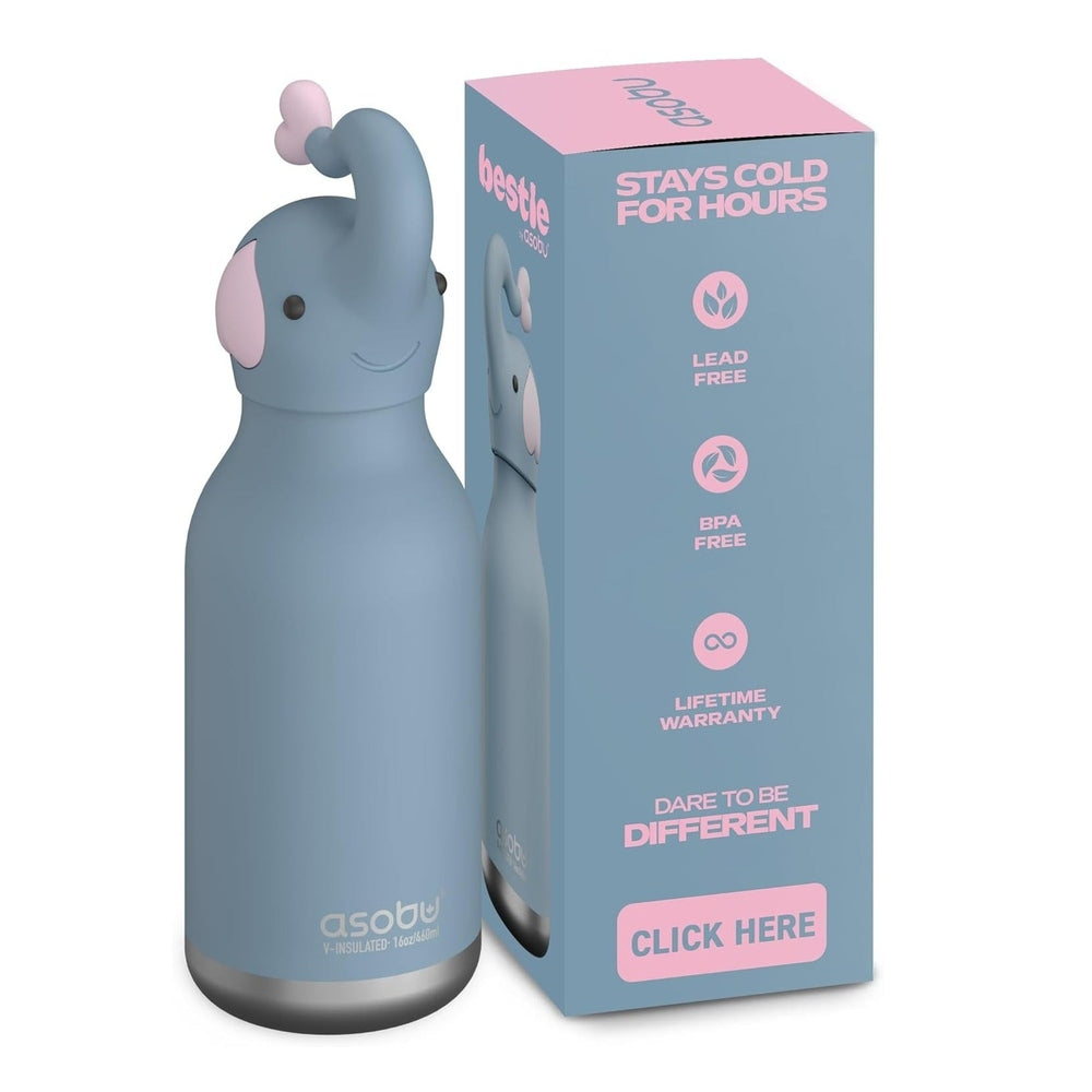 Asobu Bestie Elephant 16oz blue double-wall bottle stands upright beside its box, shows stays cold for hours and BPA-free.