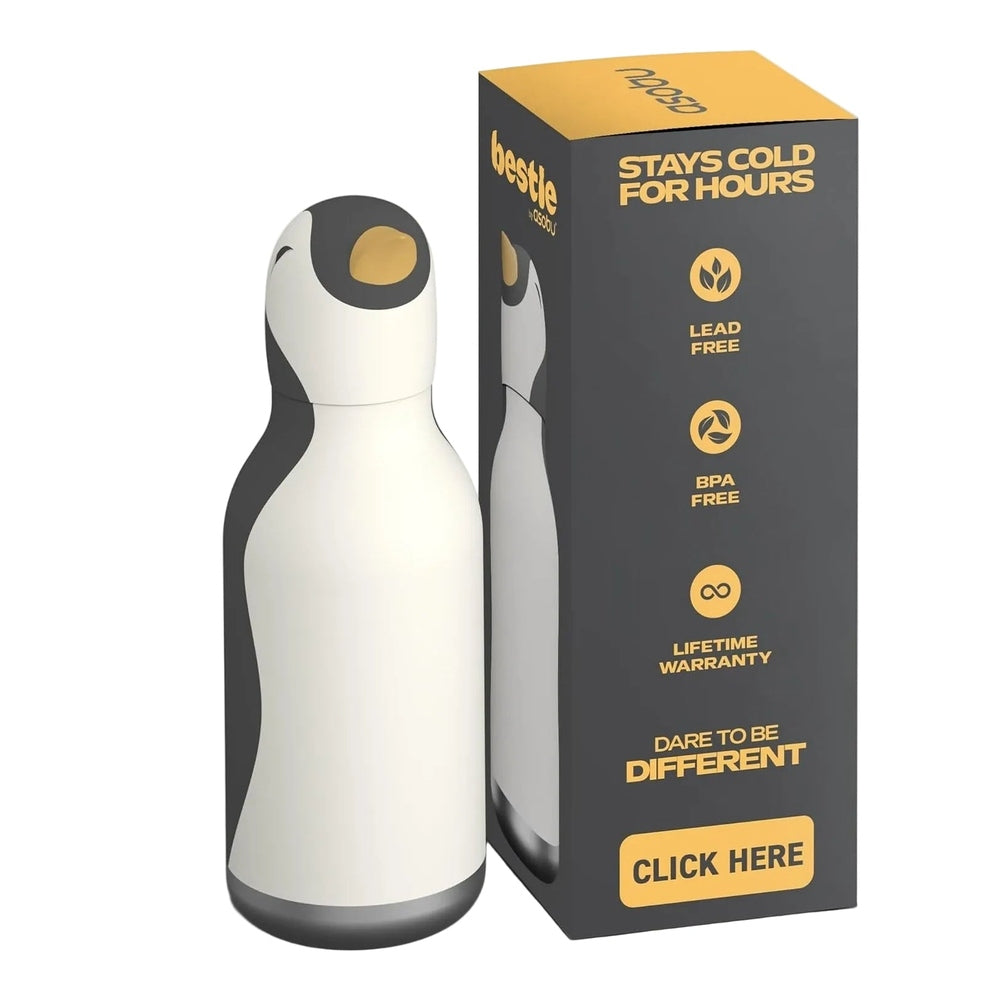 Penguin-shaped insulated bottle with packaging on a white background