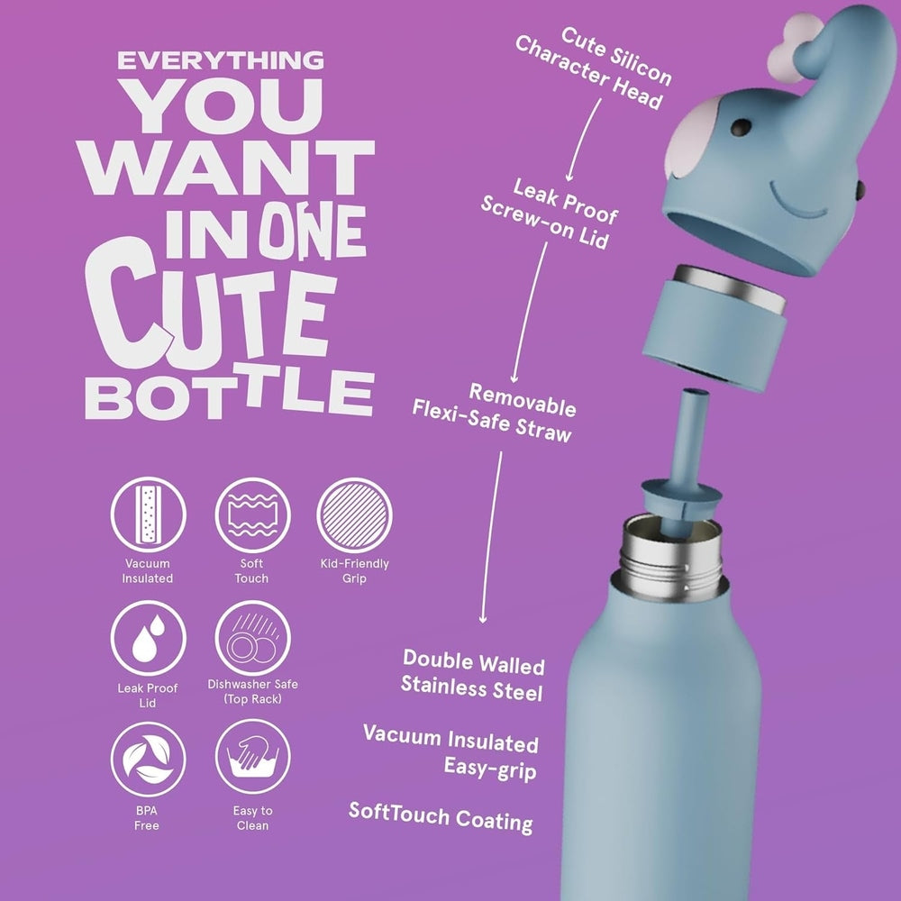Asobu Bestie Animal 16oz Elephant bottle; double-walled stainless, vacuum insulated, leak-proof screw-on lid, soft-touch coating.