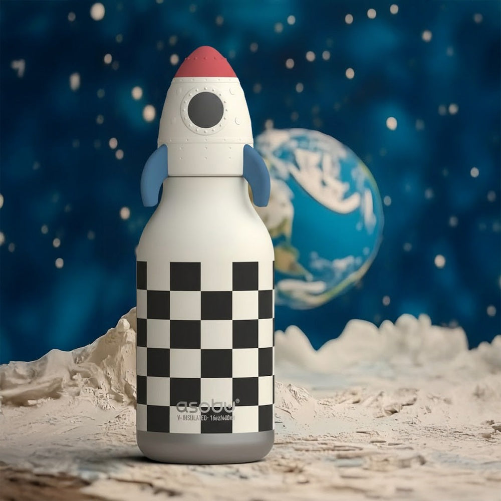 Asobu Bestie Animal Double Wall Stainless Steel Bottle 16oz Rocket Checker stands upright on a moon-like surface, showcasing its checker pattern.