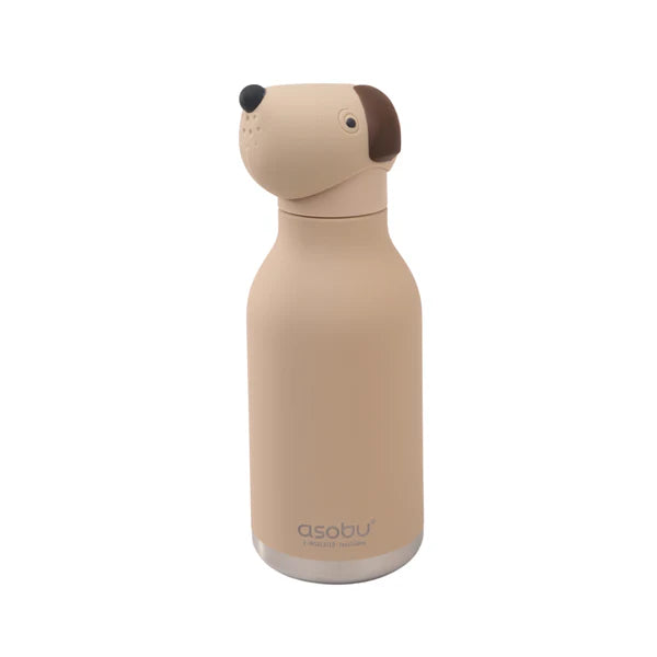Asobu Bestie Animal Double Wall Stainless Steel Bottle 16oz Beige Dog, standing upright with a dog-head lid.