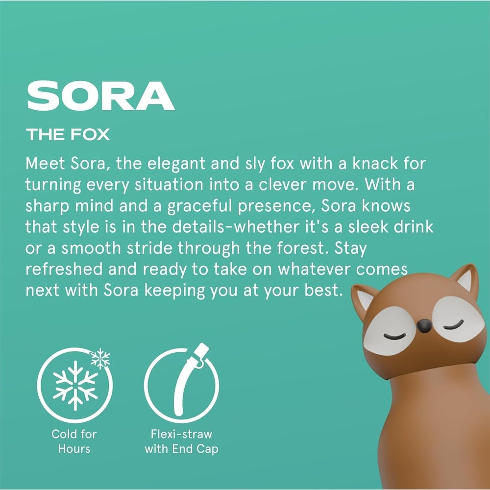 Asobu Bestie Animal 16oz Fox bottle with teal background; shows cold-hold hours and flexi-straw with end cap.