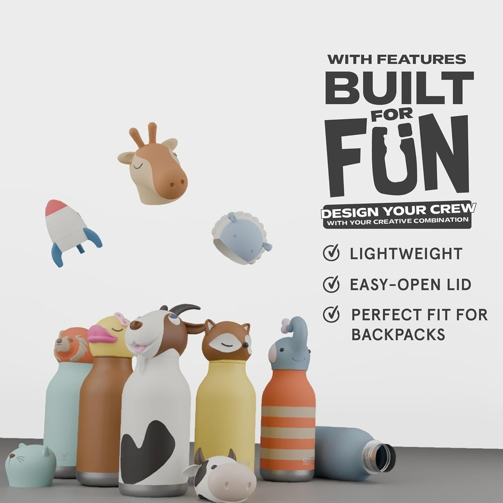 ASOBU Bestie Animal Double Wall Stainless Steel Bottle 16oz Fox, playful animal lids beside bottles proving lightweight and easy-open lid for backpacks