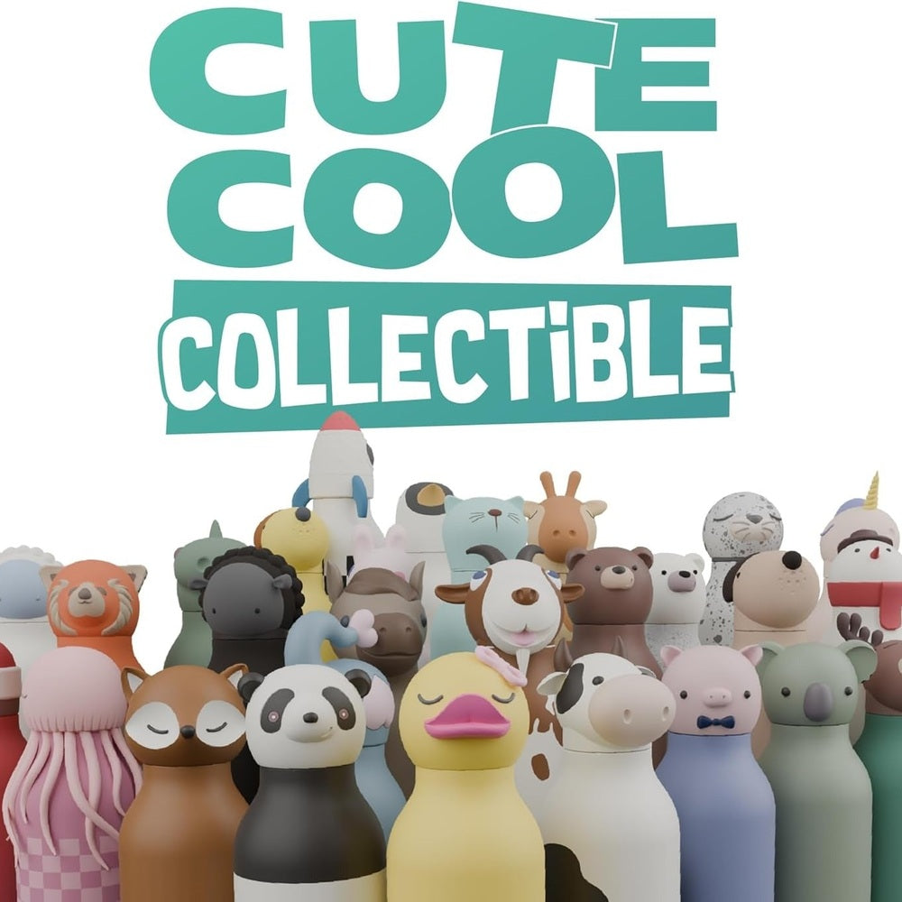 Asobu Bestie Animal 16oz double-wall stainless steel bottle (fox) shown among a colorful lineup of cute collectible bottles.