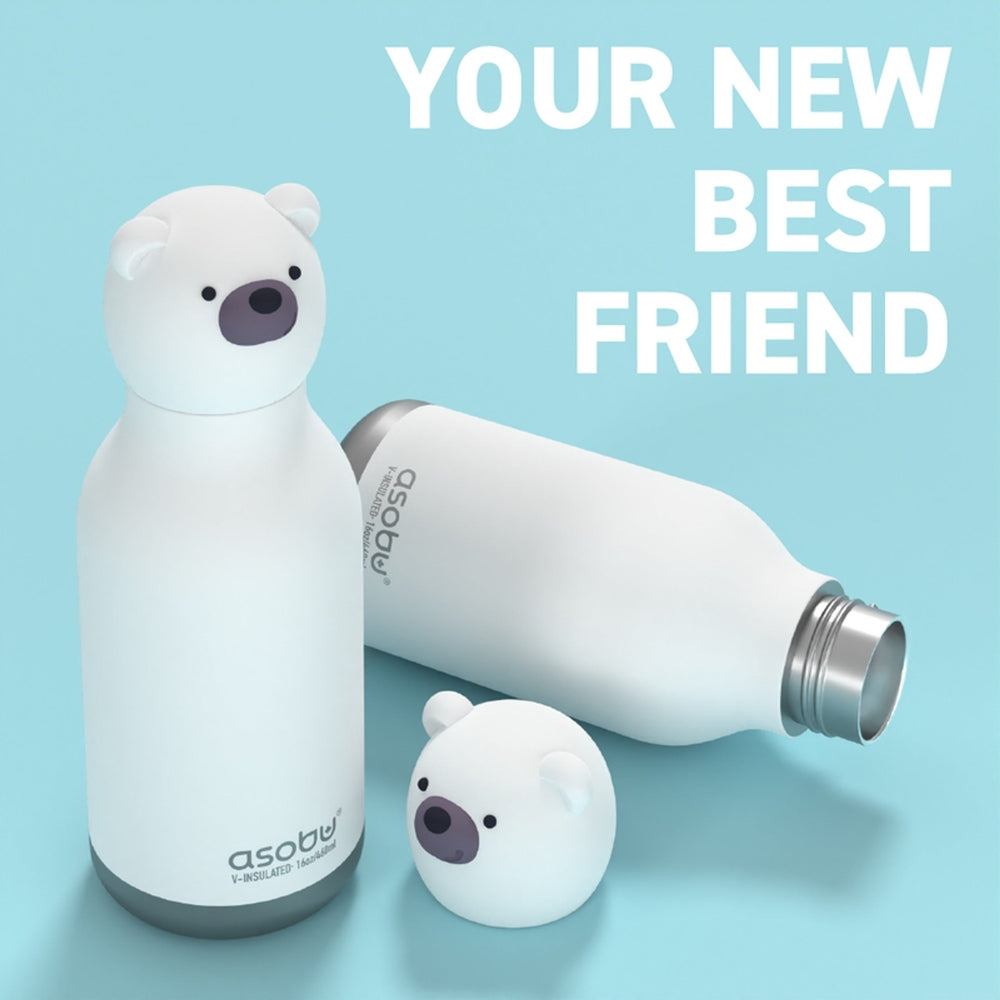 ASOBU Bestie Animal Double Wall Stainless Steel Bottle 16oz Bear; white bear-cap and extra cap beside the bottle
