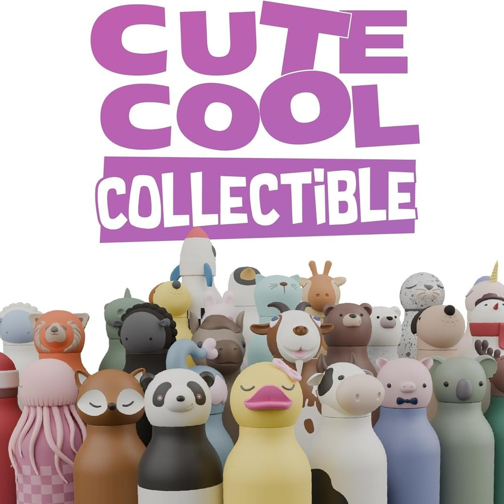 Asobu Bestie Animal Double Wall Stainless Steel Bottle 16oz Elephant, shown upright among a colorful crowd of animal bottles.