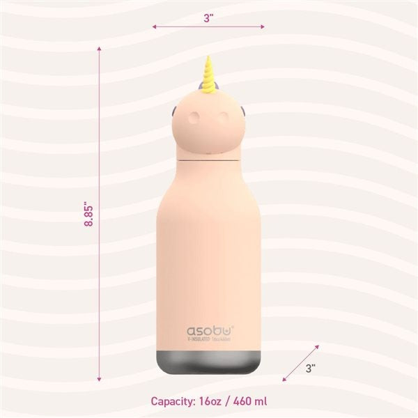 Asobu Bestie Unicorn 16oz double-wall stainless steel bottle in peach with gray base, standing upright.