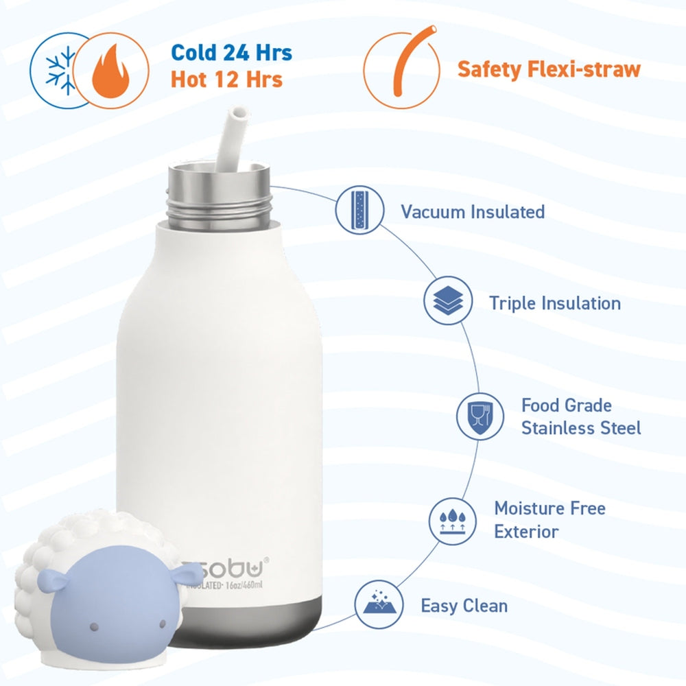 Asobu Bestie Animal 16oz bottle with straw, white double-wall stainless steel, vacuum insulated, sheep mascot beside.