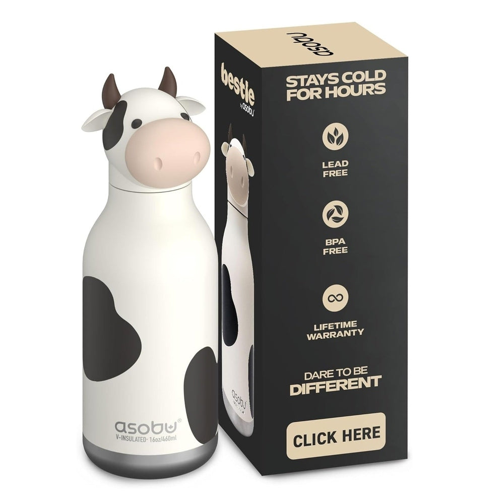 Asobu Bestie Animal Double-Wall Stainless Steel Bottle 16oz Cow, white with black spots, beside its black box.