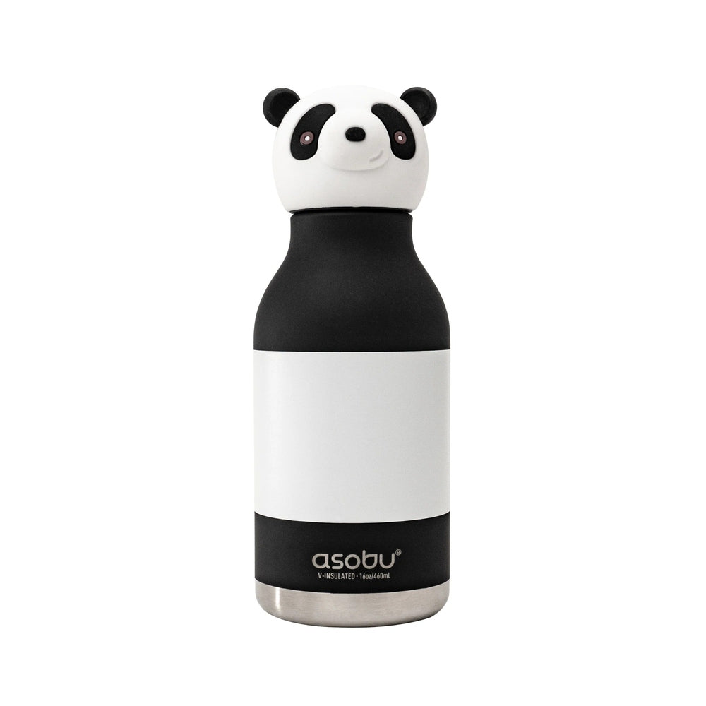 ASOBU Bestie Panda double-wall stainless steel bottle, 16oz, with a panda-head cap resting atop the black-and-white body.