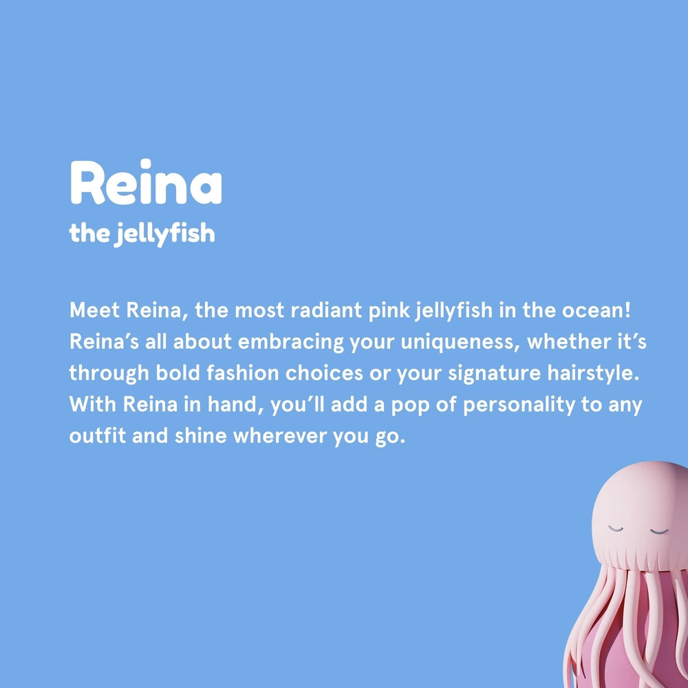 Blue background with white text about Reina the jellyfish; pink jellyfish illustration in bottom-right corner.