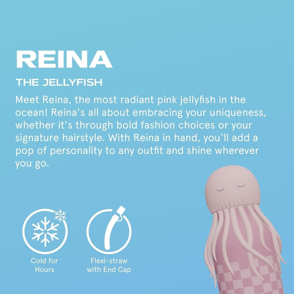 ASOBU Bestie Animal 16oz Jellyfish Pink double-wall bottle with a visible flexi-straw and end cap on a blue background