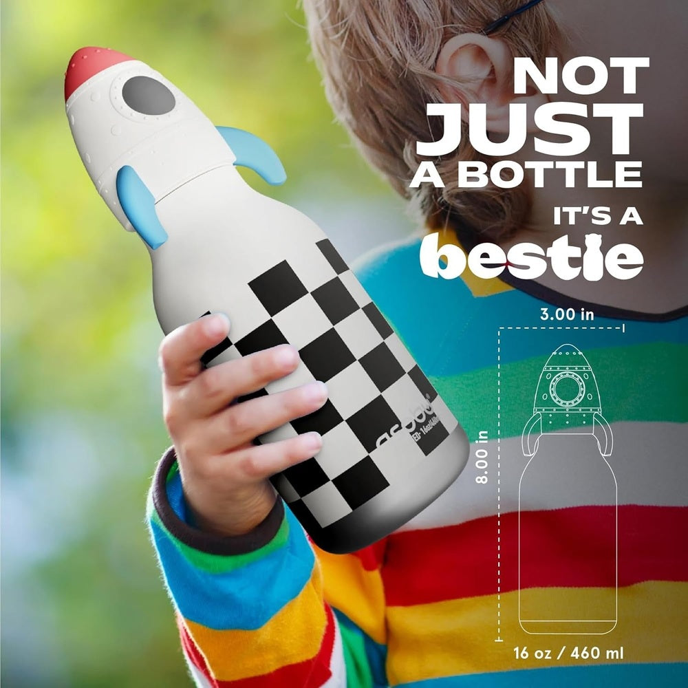 Asobu Bestie Animal 16oz rocket checker bottle, double-wall stainless steel, held by a child to show 16 oz capacity.