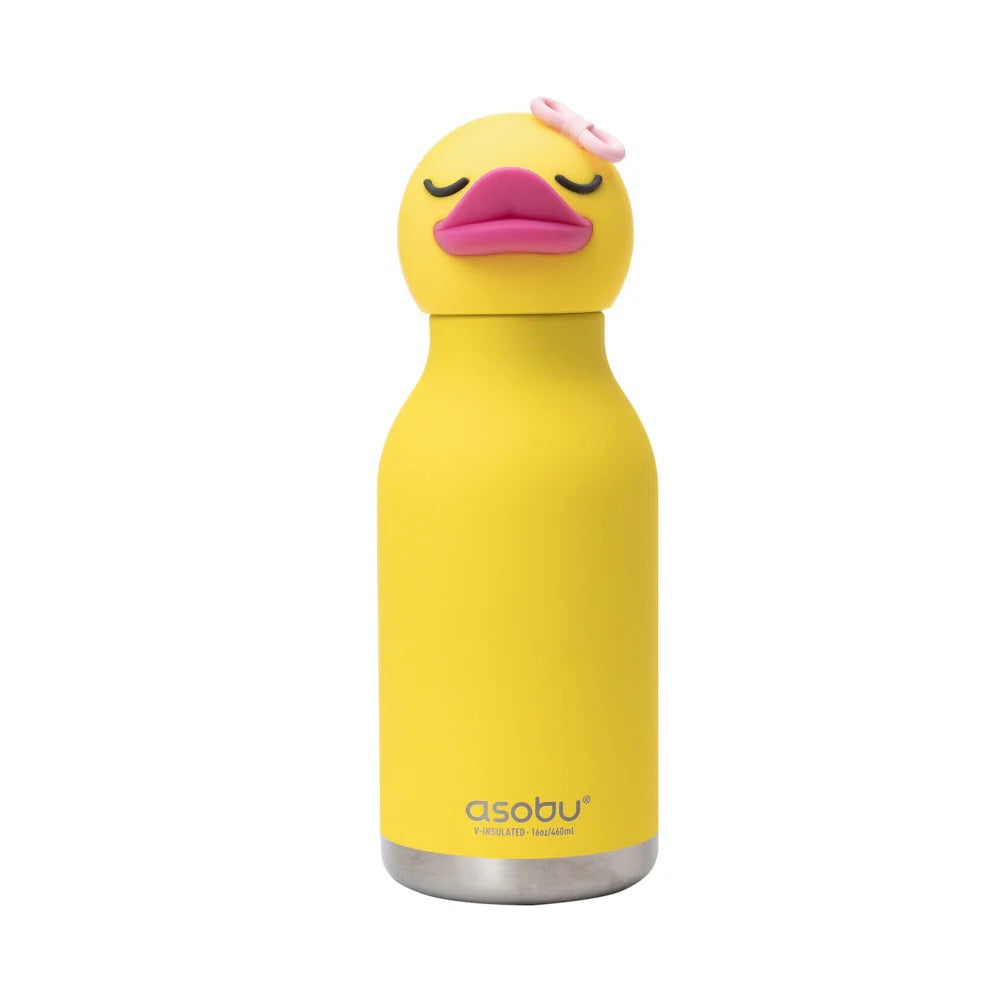 Asobu Bestie Animal 16oz Ducky stainless steel water bottle; bright yellow with duck head lid.
