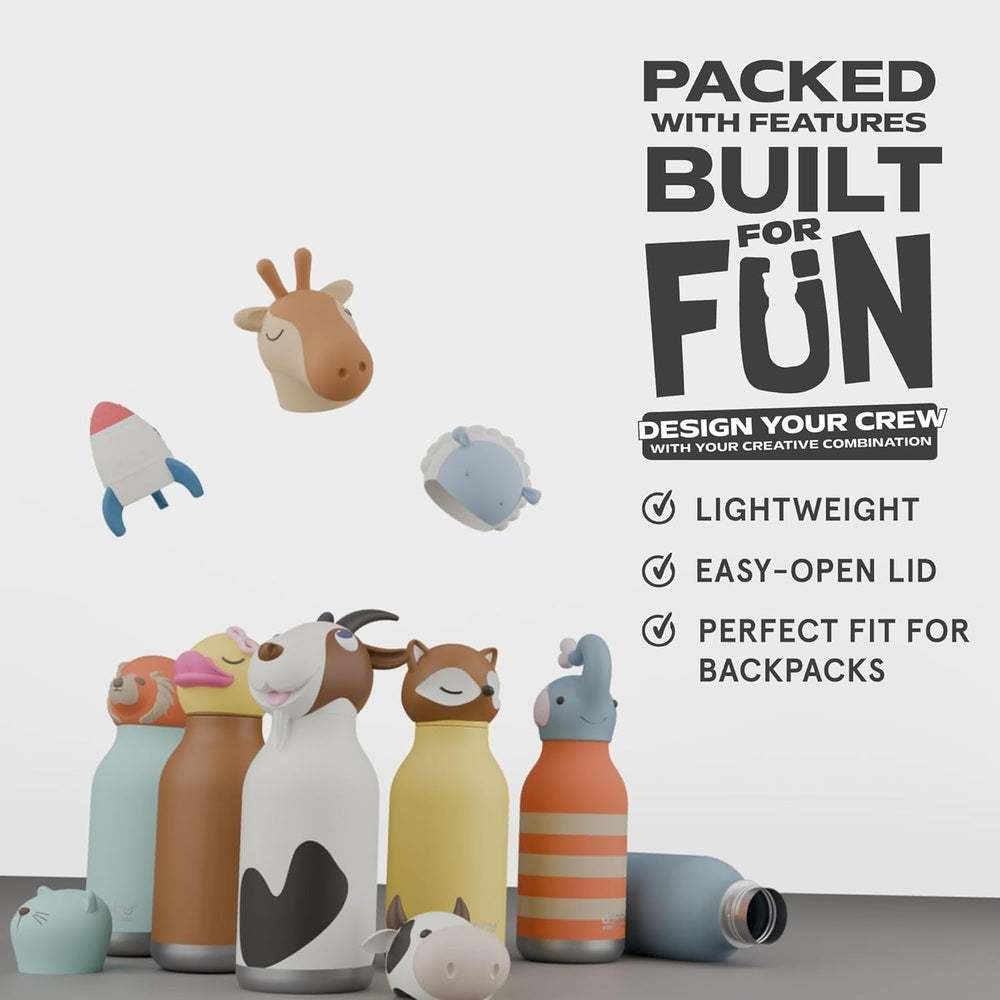 ASOBU Bestie Animal Double Wall Stainless Steel Bottle 16oz Rocket Checker with playful animal caps, ready for kids’ on-the-go hydration.