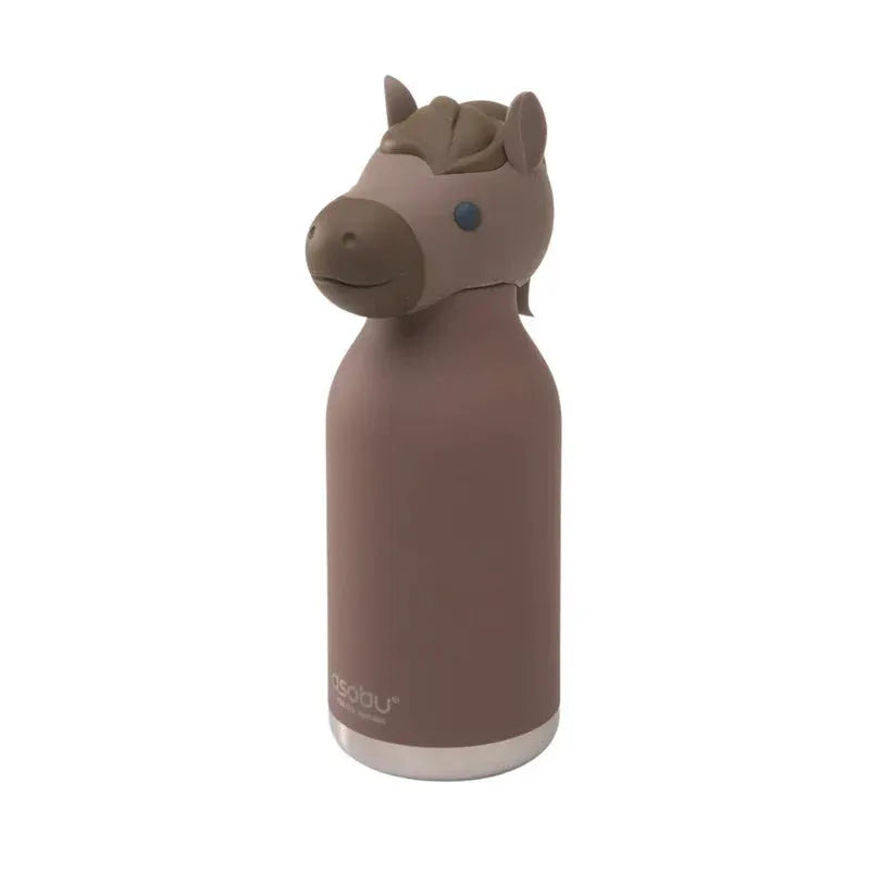 Asobu Bestie Animal Double Wall Stainless Steel Bottle 16oz Horse; brown bottle with a horse head cap, showcasing insulated stainless steel.