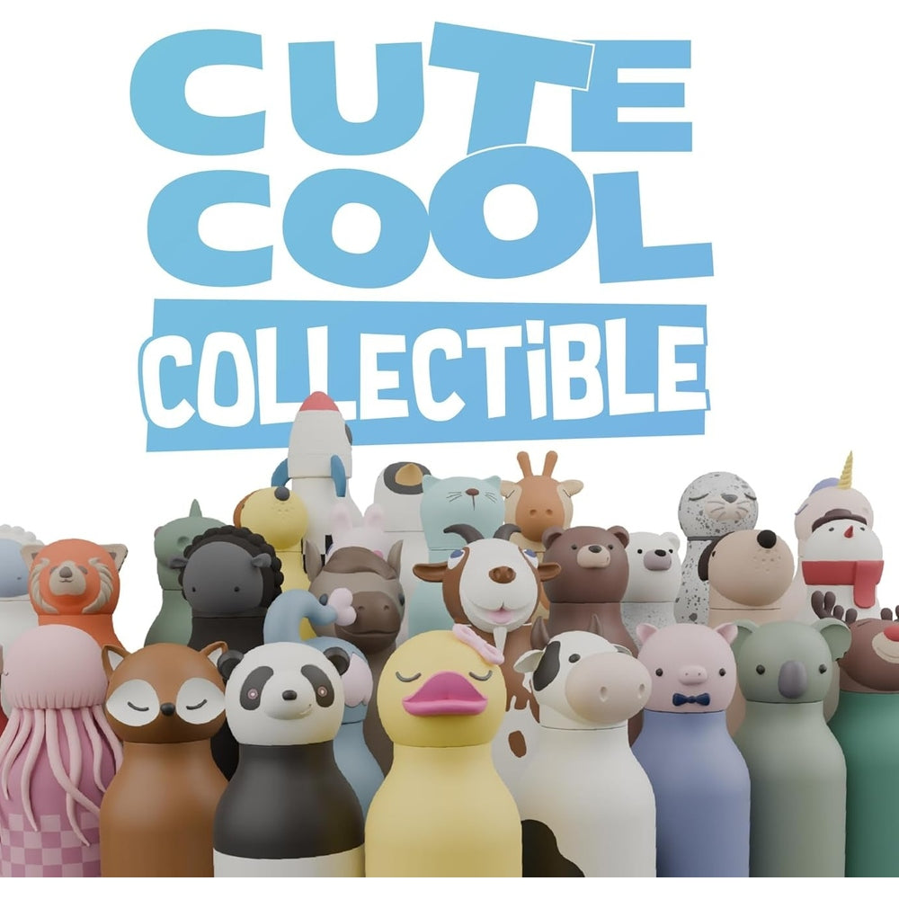 ASOBU Bestie Animal 16oz Jellyfish Pink double-wall bottle amid bright, whimsical animal figurines.