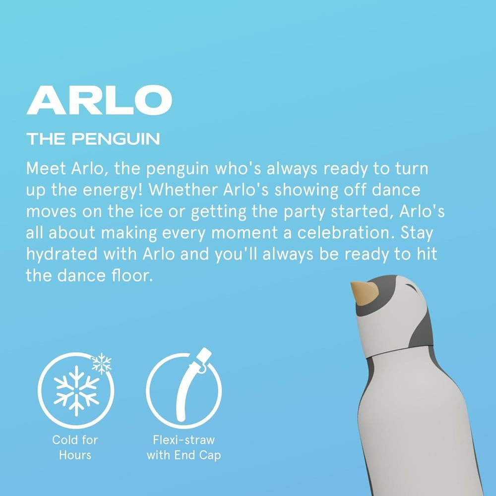 ASOBU Bestie Animal Penguin 16oz double-wall bottle, standing beside cold-for-hours and flexi-straw icons.