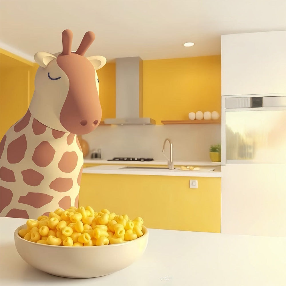ASOBU Bestie Animal Double Wall Stainless Steel Bottle 16oz in a bright yellow kitchen beside a toy giraffe.
