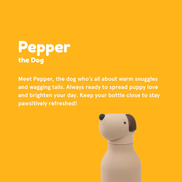 ASOBU Bestie Animal Double Wall Stainless Steel Bottle 16oz beige dog standing upright beside Pepper text on orange background