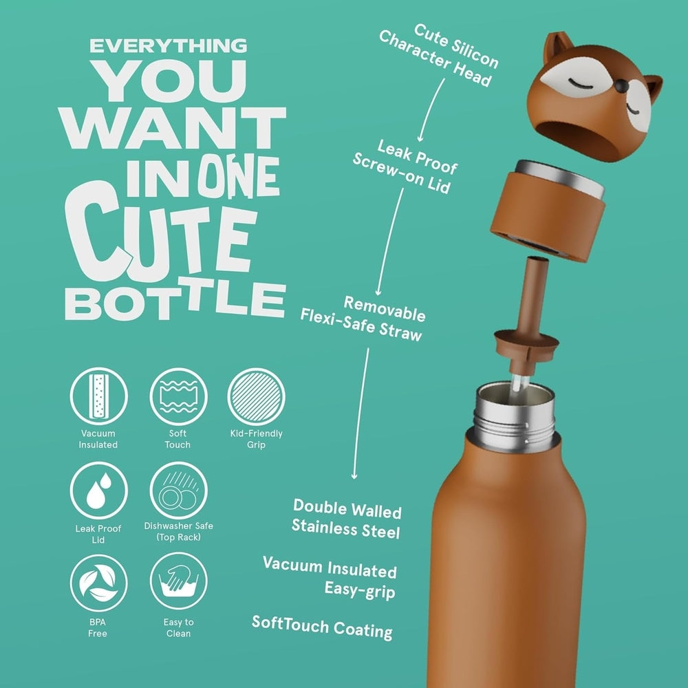 ASOBU Bestie Animal Double Wall Stainless Steel Bottle 16oz Fox, showing leak-proof lid, removable straw, and easy-grip design.